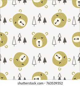 Seamless scandinavian pattern illustration of bear head and pine forest  for baby fashion clothes, wrapping, fabric. 