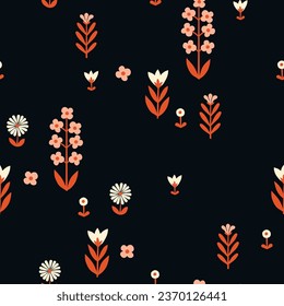 Seamless Scandinavian pattern, natural motifs. Black background with beige, orange-red, white elements. Delicate flowers with plenty of space. Vector Illustration, Flat design, whimsical naive style