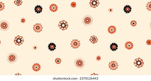 Seamless Scandinavian pattern, natural motifs. White background with beige, orange-red, black elements. Delicate flowers with plenty of space. Vector Illustration, Flat design, whimsical naive style