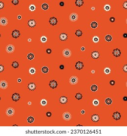 Seamless Scandinavian pattern, natural motifs. Orange-red background with beige, white, black elements. Delicate flowers with plenty of space. Vector Illustration, Flat design, whimsical naive style