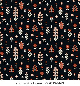Seamless Scandinavian pattern, natural motifs. Black background with beige, orange-red, white elements. Delicate flowers with plenty of space. Vector Illustration, Flat design, whimsical naive style