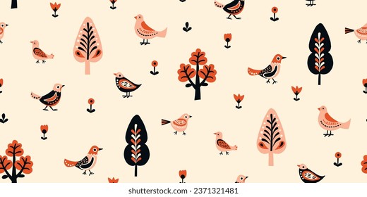 Seamless Scandinavian pattern, natural motifs. White background with beige, Orange-red, black elements. Delicate flowers, forest trees, and birds. Vector Illustration, Flat design, whimsical naive sty