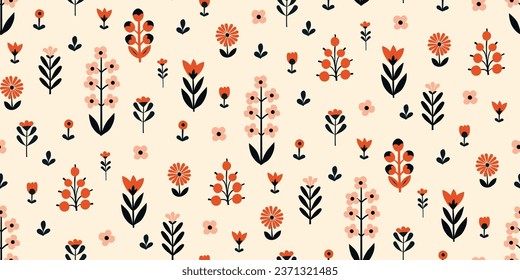 Seamless Scandinavian pattern, natural motifs. White background with beige, orange-red, black elements. Delicate flowers with plenty of space. Vector Illustration, Flat design, whimsical naive style