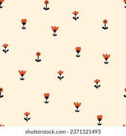 Seamless Scandinavian pattern, natural motifs. White background with beige, orange-red, black elements. Delicate flowers with plenty of space. Vector Illustration, Flat design, whimsical naive style