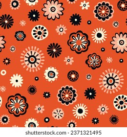 Seamless Scandinavian pattern, natural motifs. Orange-red background with beige, white, black elements. Delicate flowers with plenty of space. Vector Illustration, Flat design, whimsical naive style