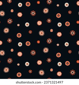 Seamless Scandinavian pattern, natural motifs. Black background with beige, orange-red, white elements. Delicate flowers with plenty of space. Vector Illustration, Flat design, whimsical naive style