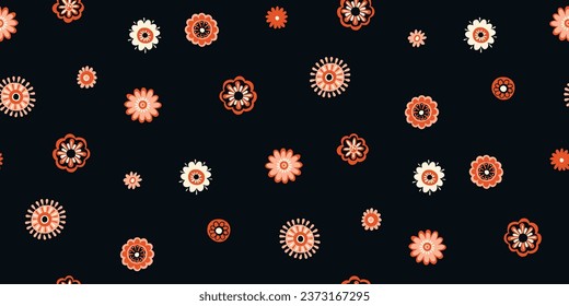 Seamless Scandinavian pattern, natural motifs. Black background with beige, orange-red, white elements. Delicate flowers with plenty of space. Vector Illustration, Flat design, whimsical naive style