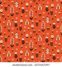 Seamless Scandinavian pattern, natural motifs. Orange-red background with beige, white, black elements. Delicate flowers with plenty of space. Vector Illustration, Flat design, whimsical naive style