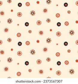 Seamless Scandinavian pattern, natural motifs. White background with beige, orange-red, black elements. Delicate flowers with plenty of space. Vector Illustration, Flat design, whimsical naive style