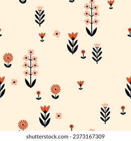 Seamless Scandinavian pattern, natural motifs. White background with beige, orange-red, black elements. Delicate flowers with plenty of space. Vector Illustration, Flat design, whimsical naive style