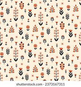 Seamless Scandinavian pattern, natural motifs. White background with beige, orange-red, black elements. Delicate flowers with plenty of space. Vector Illustration, Flat design, whimsical naive style