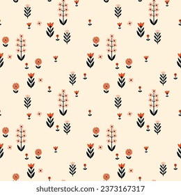 Seamless Scandinavian pattern, natural motifs. White background with beige, orange-red, black elements. Delicate flowers with plenty of space. Vector Illustration, Flat design, whimsical naive style