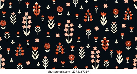 Seamless Scandinavian pattern, natural motifs. Black background with beige, orange-red, white elements. Delicate flowers with plenty of space. Vector Illustration, Flat design, whimsical naive style