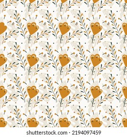 Seamless scandinavian pattern with plants, flowers and leaves in doodle style. Hand drawn vintage floral elements. Vector flat illustration