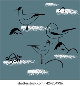 Seamless scandinavian pattern with seagulls. Hand drawn background.