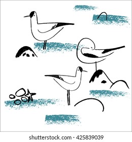 Seamless scandinavian pattern with seagulls. Hand drawn background.