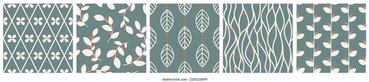 Seamless Scandinavian Pattern Set: Abstract Composition of Flowers, Leaves, Dots, Lines. Hand Drawn Naive folk art textiles Swatch in Green, Red and White colors. Boho Home Decor, Flat  Design. 
