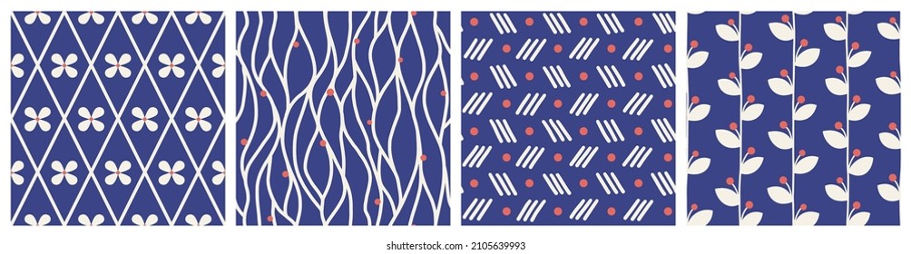 Seamless Scandinavian Pattern Set: Abstract Composition of Flowers, Dots, Lines. Hand Drawn Naive folk art textiles Swatch in Blue, Red and White colors. Boho Home Decor, Flat Doodle Style. 