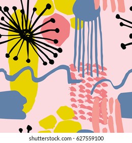 The seamless scandinavian pattern with shapes, lines, spots, imprints, dots and design elements. Hand drawn background for your design.Textile, blog decoration, banner, poster, wrapping paper.