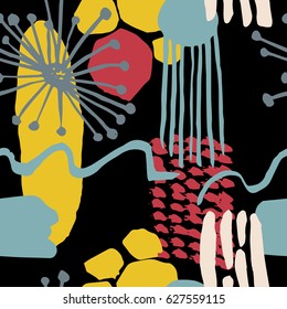 The seamless scandinavian pattern with shapes, lines, spots, imprints, dots and design elements. Hand drawn background for your design.Textile, blog decoration, banner, poster, wrapping paper.