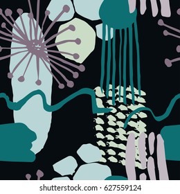 The seamless scandinavian pattern with shapes, lines, spots, imprints, dots and design elements. Hand drawn background for your design.Textile, blog decoration, banner, poster, wrapping paper.