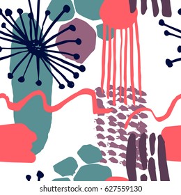The seamless scandinavian pattern with shapes, lines, spots, imprints, dots and design elements. Hand drawn background for your design.Textile, blog decoration, banner, poster, wrapping paper.