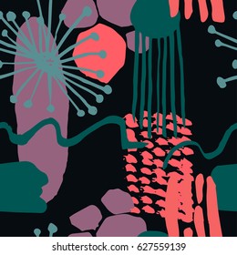 The seamless scandinavian pattern with shapes, lines, spots, imprints, dots and design elements. Hand drawn background for your design.Textile, blog decoration, banner, poster, wrapping paper.