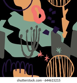 The seamless scandinavian  pattern with shapes, lines, spots, imprints, dots and design elements. Hand drawn  background for your design.Textile, blog decoration, banner, poster, wrapping paper.