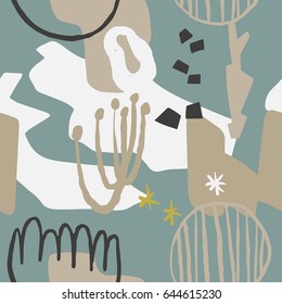 The seamless scandinavian  pattern with shapes, lines, spots, imprints, dots and design elements. Hand drawn  background for your design.Textile, blog decoration, banner, poster, wrapping paper.