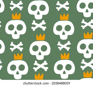 seamless scandinavian pattern with skulls and crowns. Vector endless wallpaper for halloween.