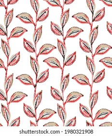 seamless scandinavian pattern from spring pink red leaves. Fashionable colours. Floral cute leaves stripe background for fabric, cloth design, book covers, Seamless retro vines leaves pattern. 