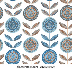 seamless scandinavian pattern from summer indigo leaves. Fashionable colours. Floral cute leaves blue stripe background Colorful seamless repeat pattern with abstract elements.