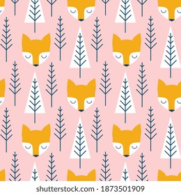 Seamless scandinavian pattern. Vector kids background with fox and different elements. Design for prints, shirts and posters.