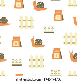 seamless scandinavian pattern, vector kids background with snail and different gardening elements, simple design for prints