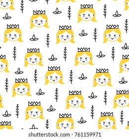 Seamless scandinavian pattern. Vector kids background with princess and different elements. Design for prints, shirts and posters.