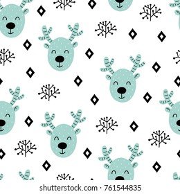 Seamless scandinavian pattern. Vector kids background with deer and different elements. Design for prints, shirts and posters.