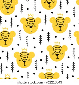 Seamless scandinavian pattern. Vector kids background with bear and different elements. Design for prints, shirts and posters.