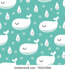 Seamless scandinavian pattern. Vector kids background with whale and different elements. Design for prints, shirts and posters.