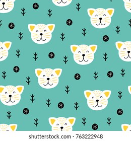 Seamless scandinavian pattern. Vector kids background with cat and different elements. Design for prints, shirts and posters.