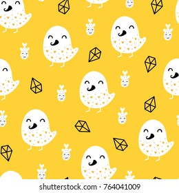 Seamless scandinavian pattern. Vector kids background with bird and different elements. Design for prints, shirts and posters.