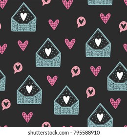 Seamless scandinavian pattern. Vector Valentines Day background with different elements. Design for prints, shirts and posters.