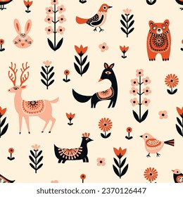 Seamless Scandinavian pattern Whimsical naive style, natural motifs, flat design. White background with beige, orange-red, and black elements. Deer, fox, bear, bird, rabbit, wild forest flowers.