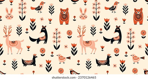 Seamless Scandinavian pattern Whimsical naive style, natural motifs, flat design. White background with beige, orange-red, and black elements. Deer, fox, bear, bird, rabbit, wild forest flowers.