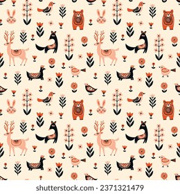 Seamless Scandinavian pattern Whimsical naive style, natural motifs, flat design. White background with beige, orange-red, and black elements. Deer, fox, bear, bird, rabbit, wild forest flowers.