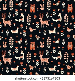 Seamless Scandinavian pattern Whimsical naive style, natural motifs, flat design. Black background with beige, orange-red, and White elements. Deer, fox, bear, bird, rabbit, wild forest flowers.