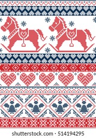Seamless Scandinavian Printed Textile style and inspired by Norwegian Christmas and festive winter seamless pattern in cross stitch with snowflakes, rocking horse, angel hearts, ornaments in red, blue
