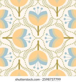 Seamless Scandinavian retro floral pattern with decorative flowers. Ideal for textiles, wallpaper, gift wrapping, and digital designs.