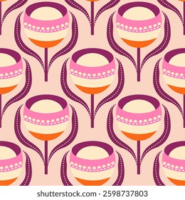 Seamless Scandinavian retro floral pattern with decorative flowers. Ideal for textiles, wallpaper, gift wrapping, and digital designs.