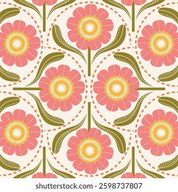 Seamless Scandinavian retro floral pattern with decorative flowers. Ideal for textiles, wallpaper, gift wrapping, and digital designs.