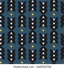 Seamless scandinavian simple pattern. Repeated vector floral texture. Dark blue flowers and leaves